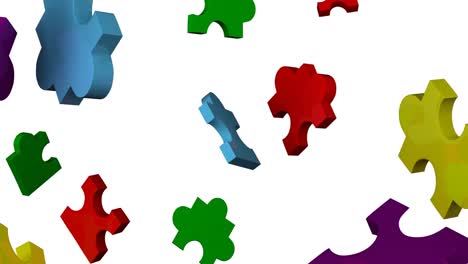 Animation-of-colourful-pieces-of-puzzle-falling-on-white-background