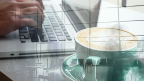 Animation-of-hands-of-caucasian-woman-using-laptop-over-cup-of-coffee