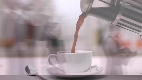 Animation-Von-Menschen,-Die-über-Eine-Tasse-Kaffee-Gehen