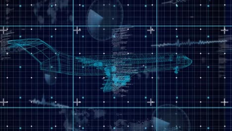 Animation-of-plane-and-data-processing-on-blue-background