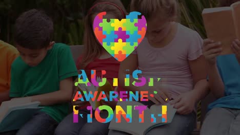 Animation-of-autism-awareness-month-text-over-diverse-schoolchildren