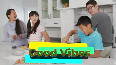 Animation-of-good-vibes-text-over-smiling-asian-family-cooking