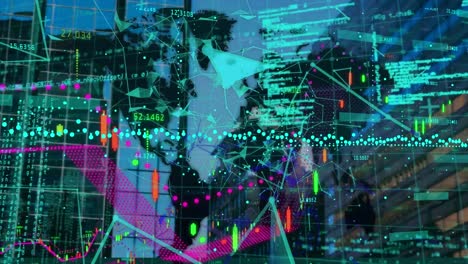 Animation-of-financial-data-processing-and-world-map-on-black-background