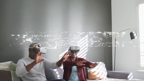 Animation-Von-Vibes-Text-über-Einem-Lächelnden-älteren-Afroamerikanischen-Paar,-Das-VR-Headsets-Verwendet