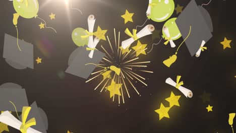 Animation-of-graduation-letter-icons-over-stars-and-fireworks-on-black-background