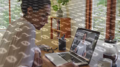 Animation-of-binary-coding-over-biracial-businesswoman-having-laptop-video-call