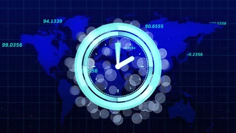 Animation-of-clock-moving-and-world-map-on-blue-background