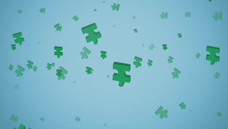 Animation-of-green-pieces-of-puzzle-falling-on-blue-background