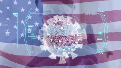 Animation-of-covid-19-cell-floating-and-data-processing-over-flag-of-usa-and-doctor-holding-syringe