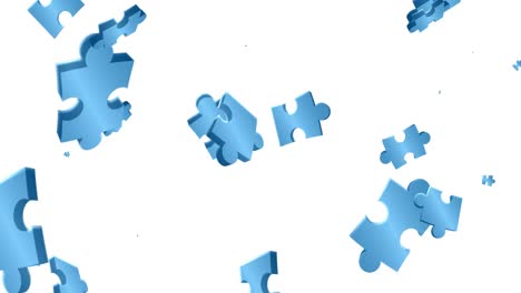 Animation-Von-Blauen-Puzzleteilen,-Die-Auf-Weißen-Hintergrund-Fallen