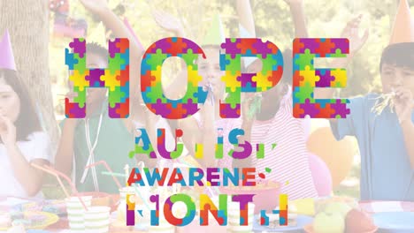 Animation-of-autism-awareness-month-text-over-puzzle-and-diverse-children-at-party