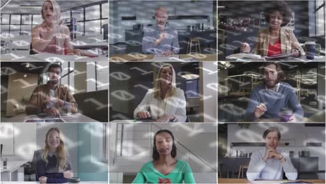 Animation-of-binary-coding-over-diverse-business-people-having-video-call