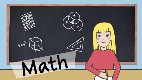 Animation-of-math-text-over-schoolgirl-icon-over-blackboard