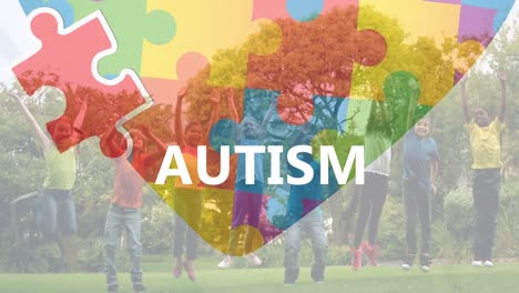 Animation-of-autism-awareness-month-text-over-puzzle-and-diverse-children-jumping