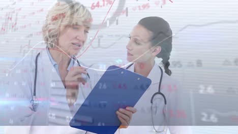 Animation-of-financial-data-processing-over-caucasian-female-doctors
