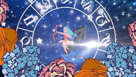 Animation-of-sagittarius-star-sign-and-horoscope-zodiac-sign-wheel-on-purple-background