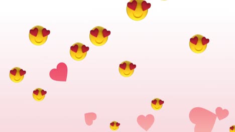Animation-of-emoji-icons-and-hearts-on-white-background