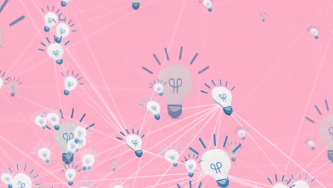 Animation-of-network-of-connections-with-lightbulbs-icons-on-pink-background