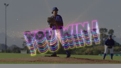 Animation-of-you-win-text-over-biracial-baseball-players-playing