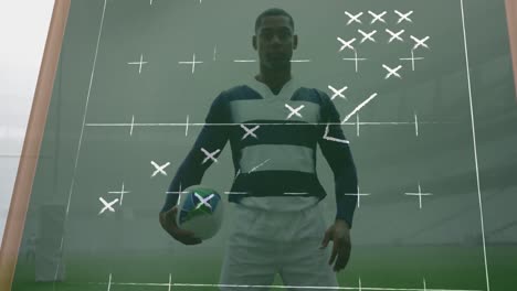 Animation-of-drawing-of-game-plan-over-african-american-male-rugby-player
