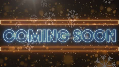Animation-of-coming-soon-text-over-snow-falling-at-christmas