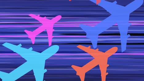 Animation-Von-Flugzeugsymbolen-über-Blauen-Linien-Auf-Blauem-Hintergrund