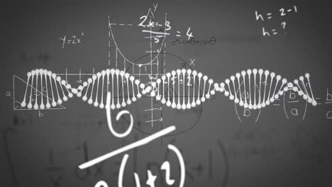 Animation-of-dna-strand-and-mathematical-equations-over-grey-background