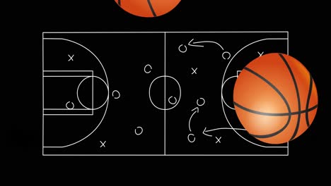 Animation-Von-Basketbällen-über-Der-Zeichnung-Des-Spielplans-Auf-Schwarzem-Hintergrund