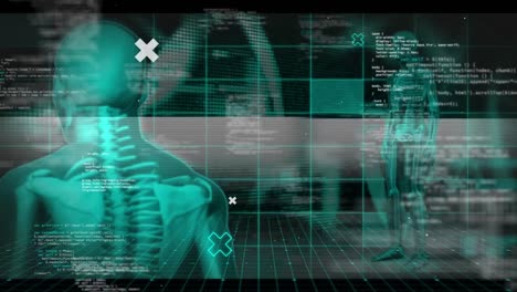 Animation-Von-DNA-Strang,-Menschlichem-Körpermodell-Und-Datenverarbeitung-Auf-Schwarzem-Hintergrund