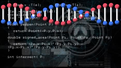 Animation-of-dna-strand-over-data-processing-and-scope-scanning-over-black-background
