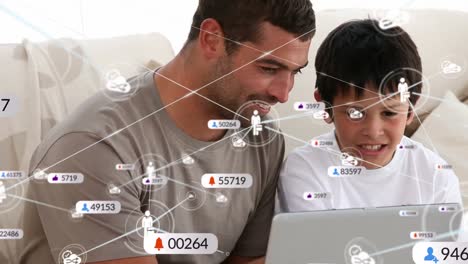 Animation-of-social-media-icons-and-network-of-connections-over-biracial-father-and-son