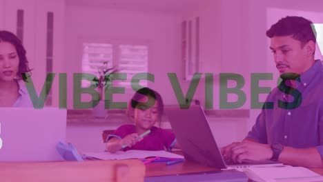 Animation-of-vibes-text-over-biracial-family-learning-and-using-laptops