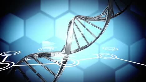 Animation-of-dna-strand-and-data-processing-over-blue-background