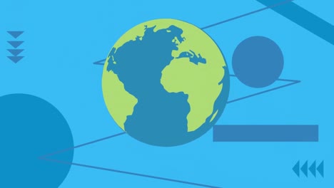Animation-Von-Globus-Und-Formen-Auf-Blauem-Hintergrund