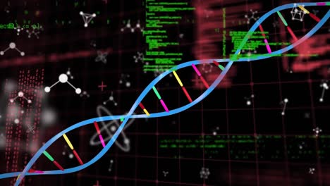 Animation-of-dna-strand,-molecules-and-data-processing-over-black-background