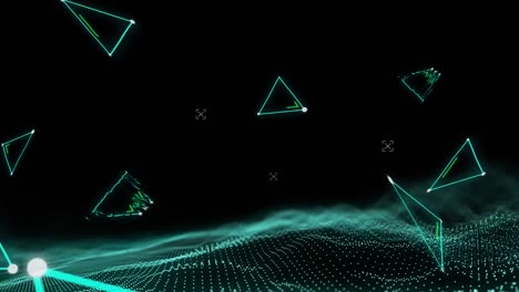 Animation-of-triangles-and-human-made-of-business-texts-over-moving-spots-on-black-background