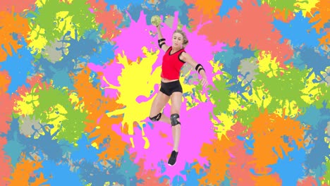 Animation-of-caucasian-female-handball-player-holding-ball-over-colorful-stains