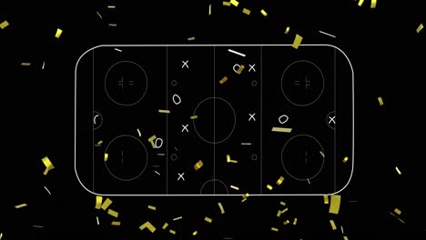 Animation-of-confetti-over-drawing-of-game-plan-on-black-background