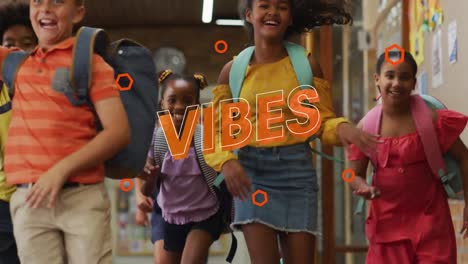 Animation-of-vibes-text-over-smiling-diverse-schoolchildren-running
