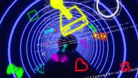 Animation-Von-Gaming-Symbolen-über-Neonkreisen