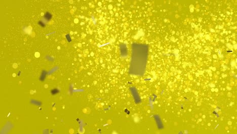 Animation-Von-Goldenem-Konfetti-Und-Flecken,-Die-Auf-Gelben-Hintergrund-Fallen