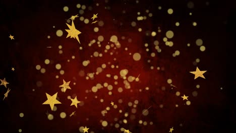 Animation-of-yellow-stars-moving-and-spots-on-red-background