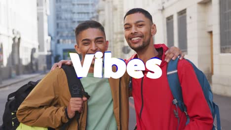 Animation-of-vibes-text-over-smiling-biracial-friends-embracing