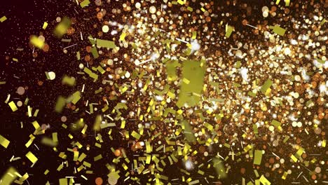 Animation-of-golden-confetti-falling-and-light-spots-on-black-background