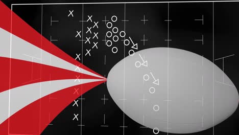 Animation-of-drawing-of-game-plan-over-rugby-ball-and-red-and-white-stripes