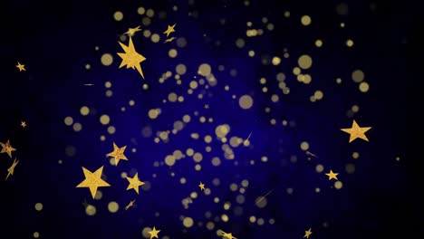 Animation-of-yellow-stars-moving-and-spots-on-blue-background