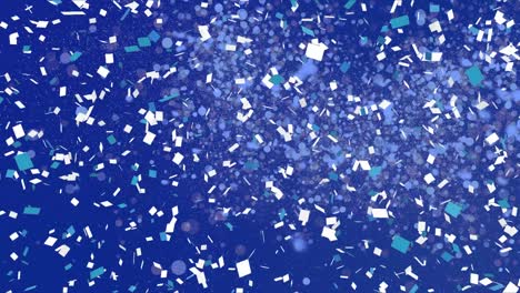 Animation-of-white-confetti-and-spots-falling-on-blue-background