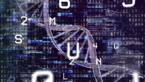 Animation-Von-DNA-Strang,-Binärkodierung-Und-Datenverarbeitung-Auf-Schwarzem-Hintergrund