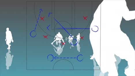 Animation-Der-Zeichnung-Eines-Spielplans-über-Den-Silhouetten-Von-Basketballspielern