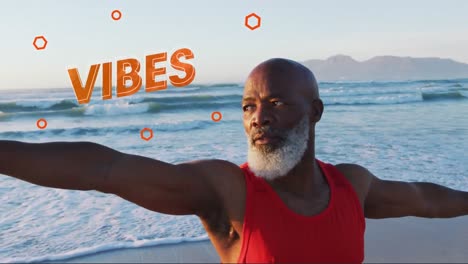 Animation-Von-Vibes-Text-über-Einem-älteren-Afroamerikanischen-Mann,-Der-Am-Strand-Trainiert